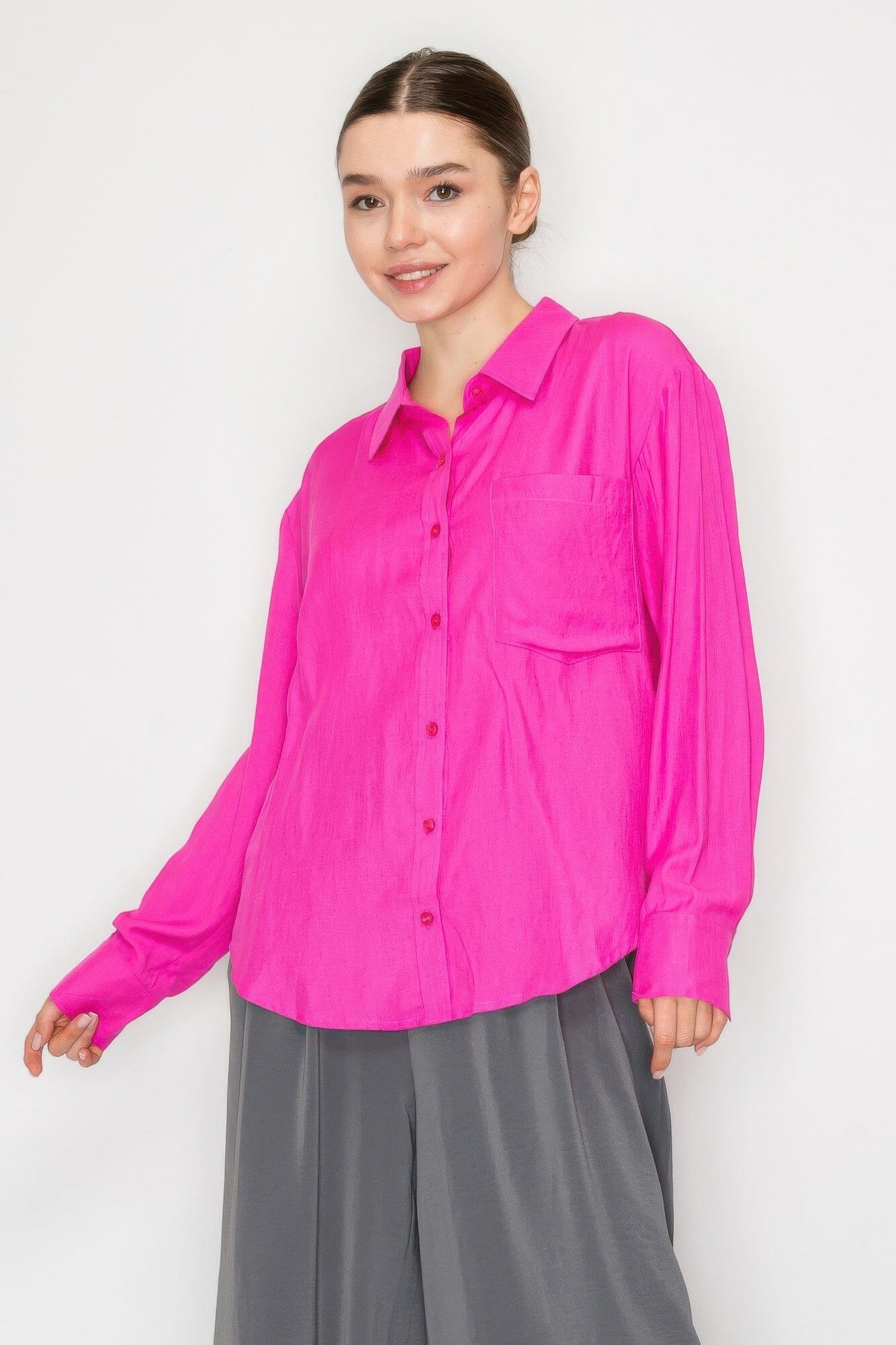 Women Button Down Collared Linen Shirt Shirts & Tops jehouze Fuchsia S