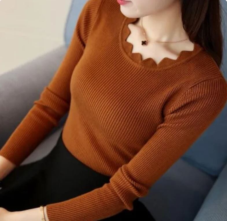 Women Casual Long Sleeve Pullover Knitted Top Shirts & Tops jehouze Brown 