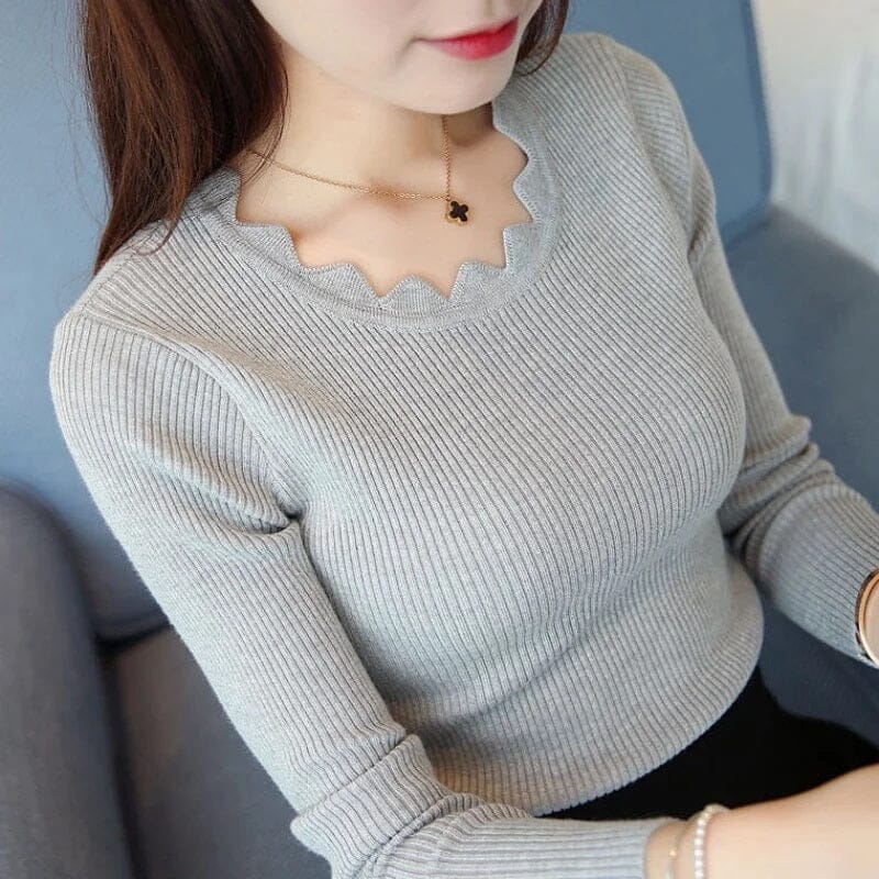 Women Casual Long Sleeve Pullover Knitted Top Shirts & Tops jehouze Grey 