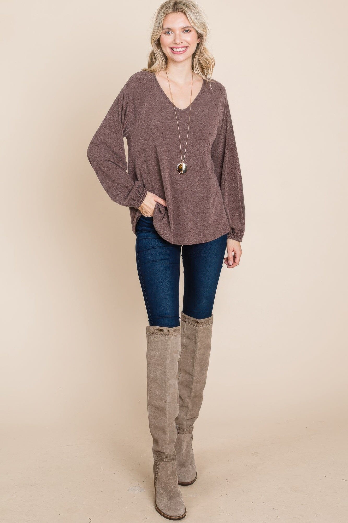 Women Casual V Neck Basic Long Sleeve Top Shirts & Tops jehouze Brown S