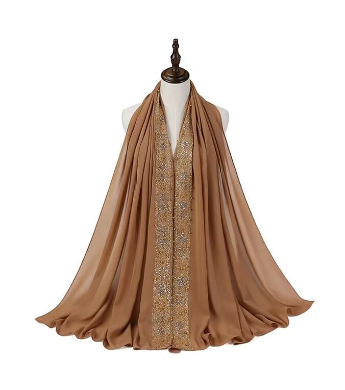 Women Chiffon Gold Beads Muslim Head Scarf Hijab Hat jehouze Camel