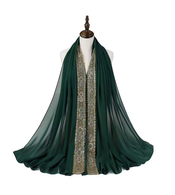 Women Chiffon Gold Beads Muslim Head Scarf Hijab Hat jehouze Dark Green