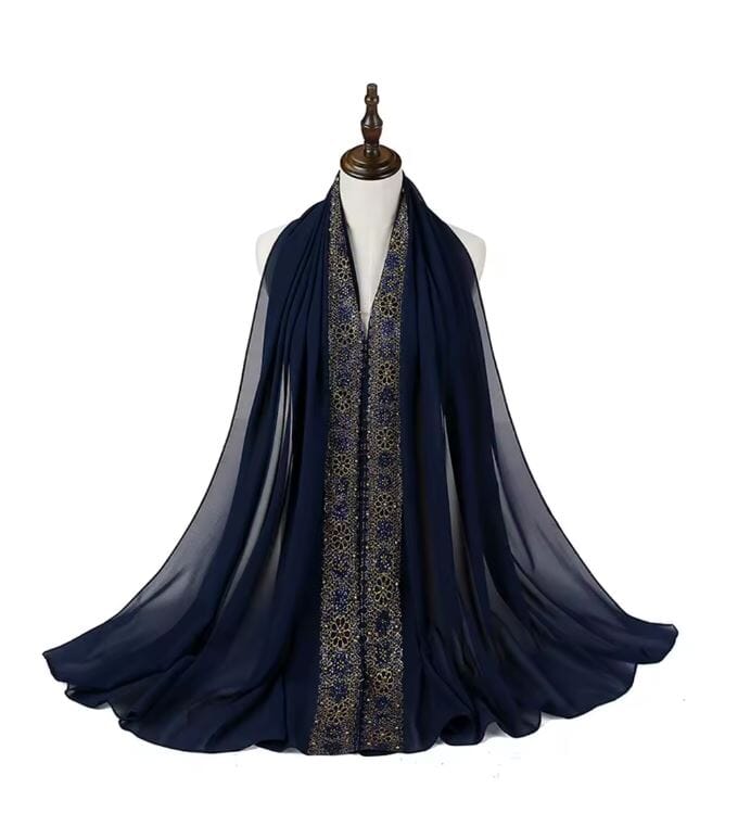 Women Chiffon Gold Beads Muslim Head Scarf Hijab Hat jehouze Navy Blue