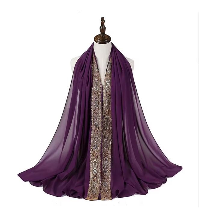 Women Chiffon Gold Beads Muslim Head Scarf Hijab Hat jehouze Purple