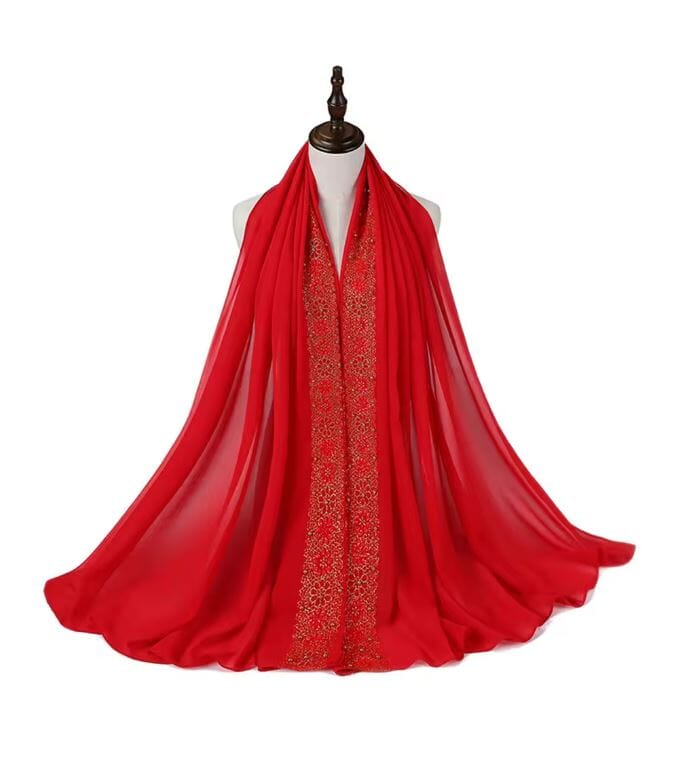 Women Chiffon Gold Beads Muslim Head Scarf Hijab Hat jehouze Red