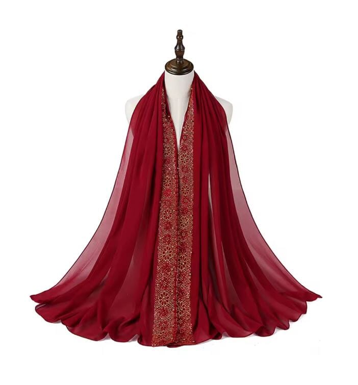 Women Chiffon Gold Beads Muslim Head Scarf Hijab Hat jehouze Wine Red