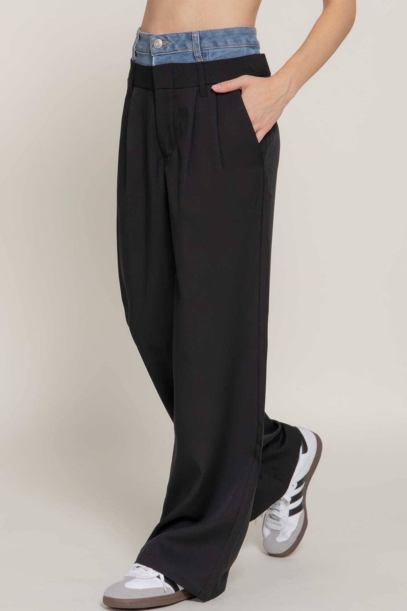 Women Contrast Denim Waist Straight Long Pants Pants jehouze