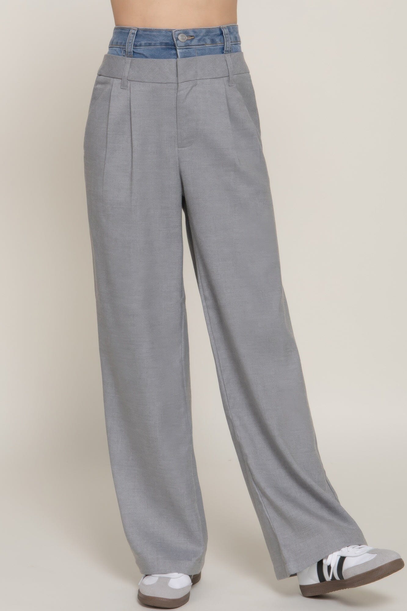 Women Contrast Denim Waist Straight Long Pants Pants jehouze