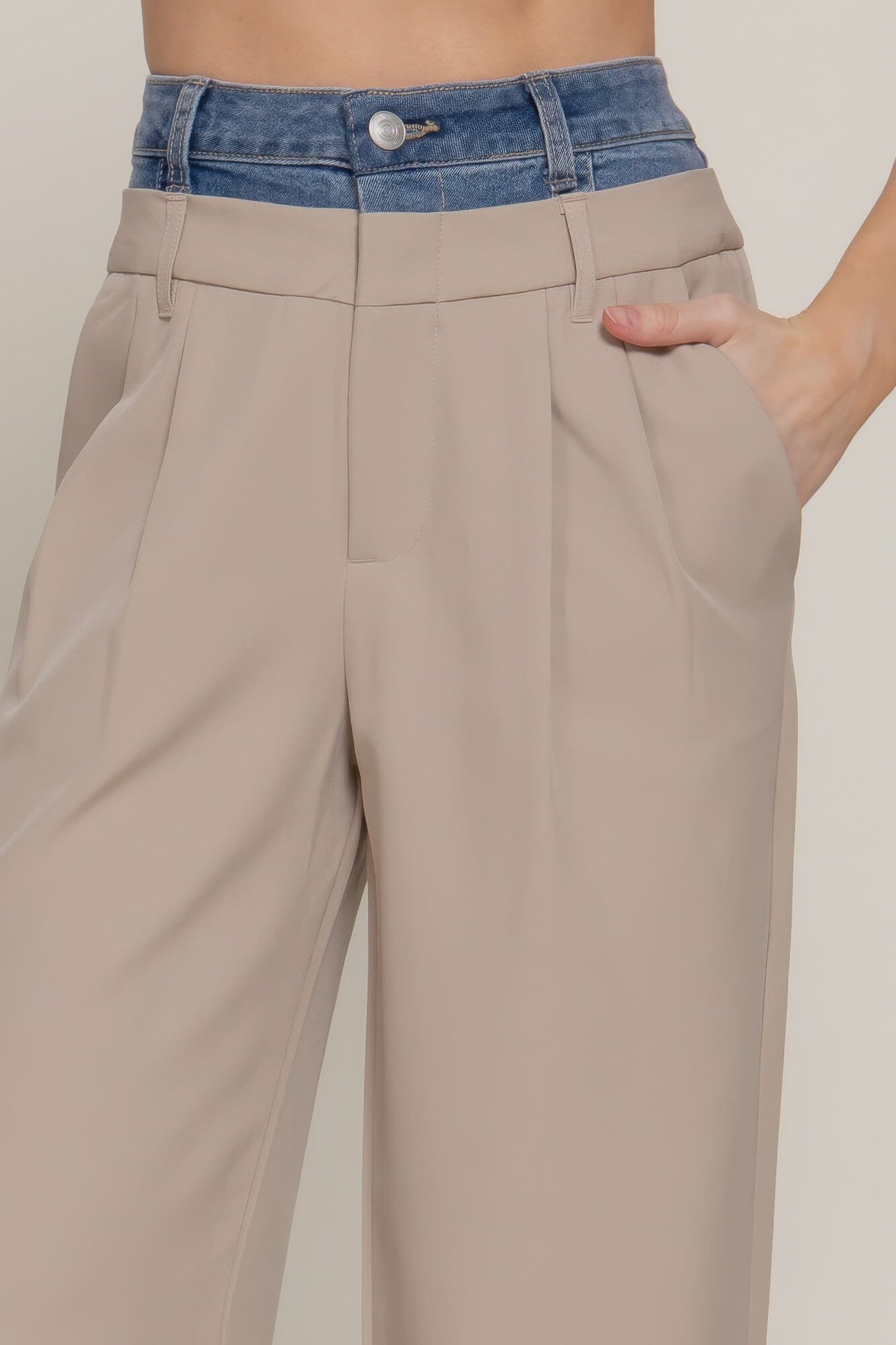 Women Contrast Denim Waist Straight Long Pants Pants jehouze