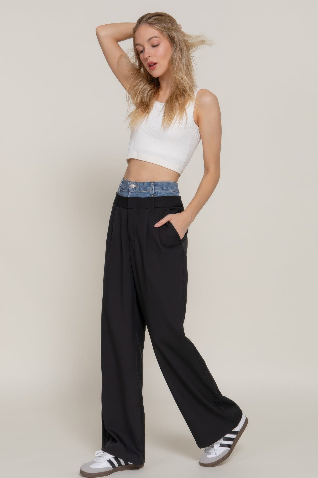 Women Contrast Denim Waist Straight Long Pants Pants jehouze Black S