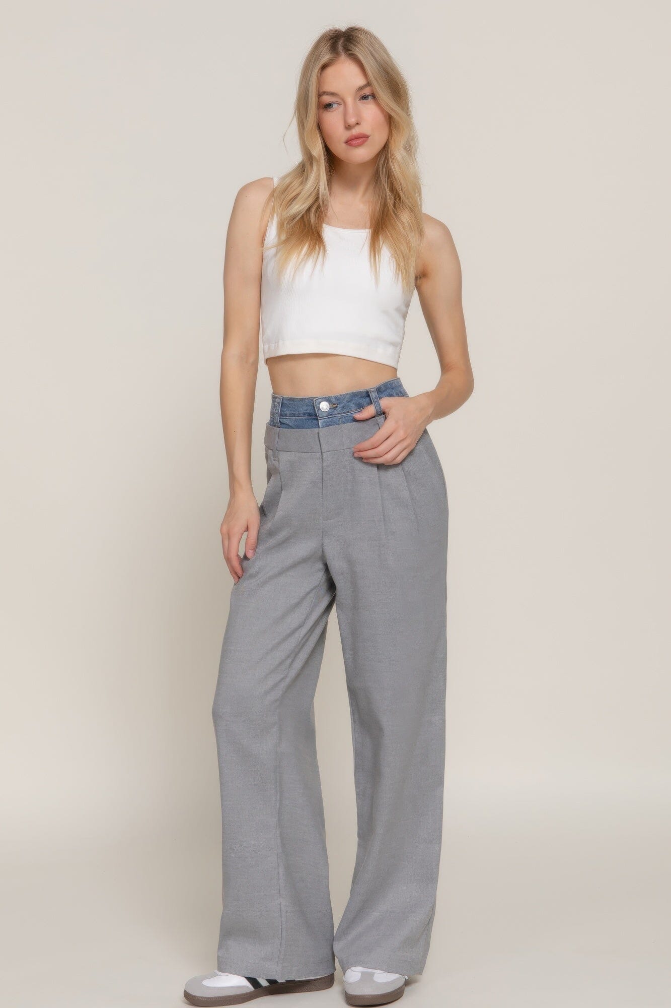 Women Contrast Denim Waist Straight Long Pants Pants jehouze Heather grey S