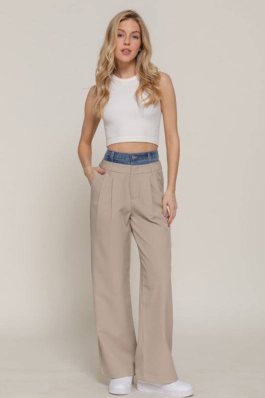 Women Contrast Denim Waist Straight Long Pants Pants jehouze Taupe S