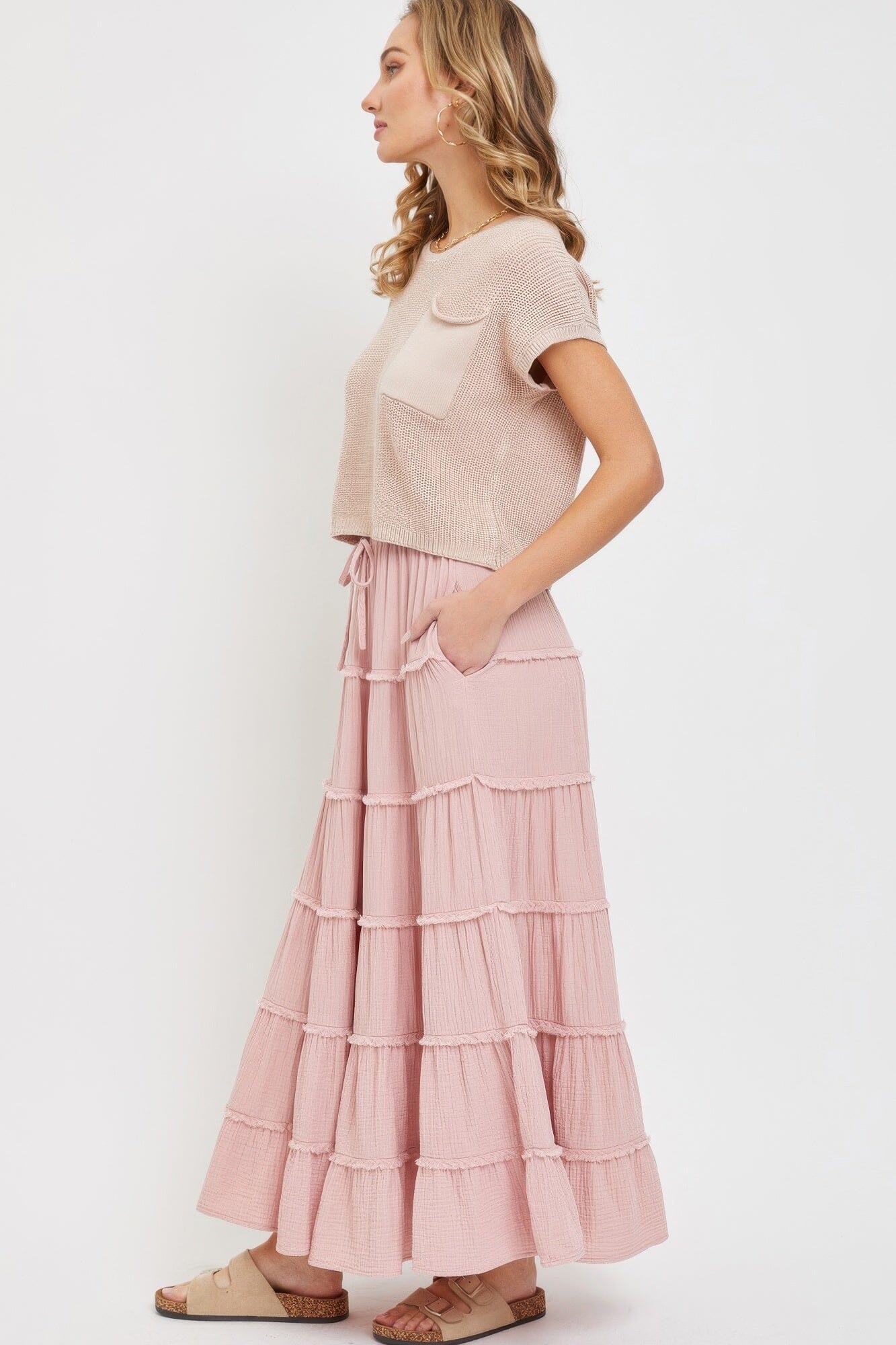 Women Cotton Gauze Tiered Maxi Skirt Skirts jehouze