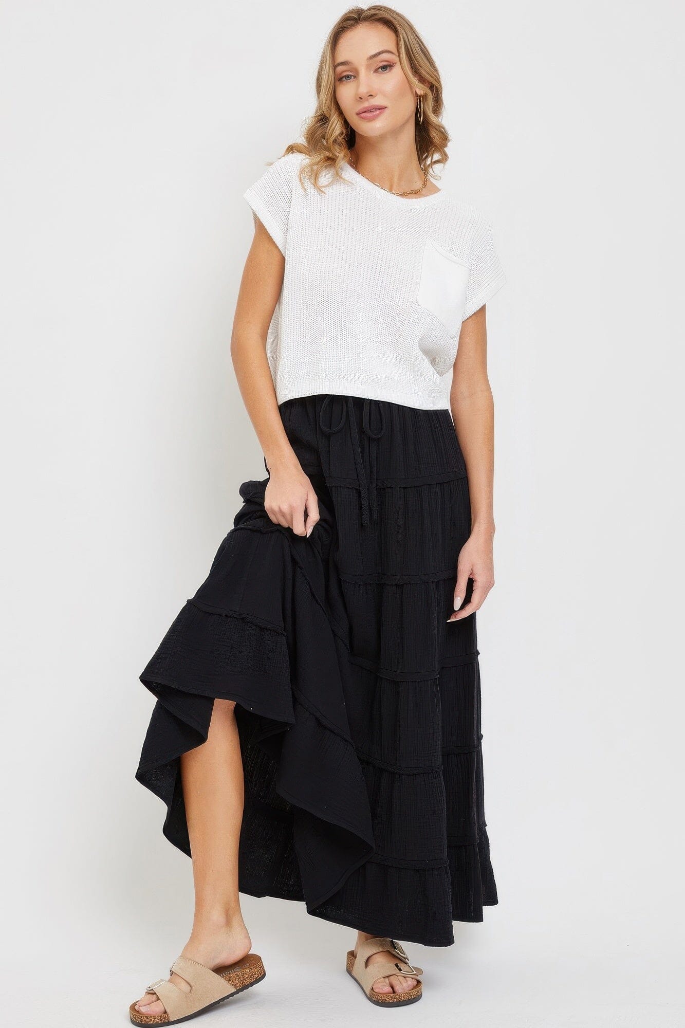 Women Cotton Gauze Tiered Maxi Skirt Skirts jehouze