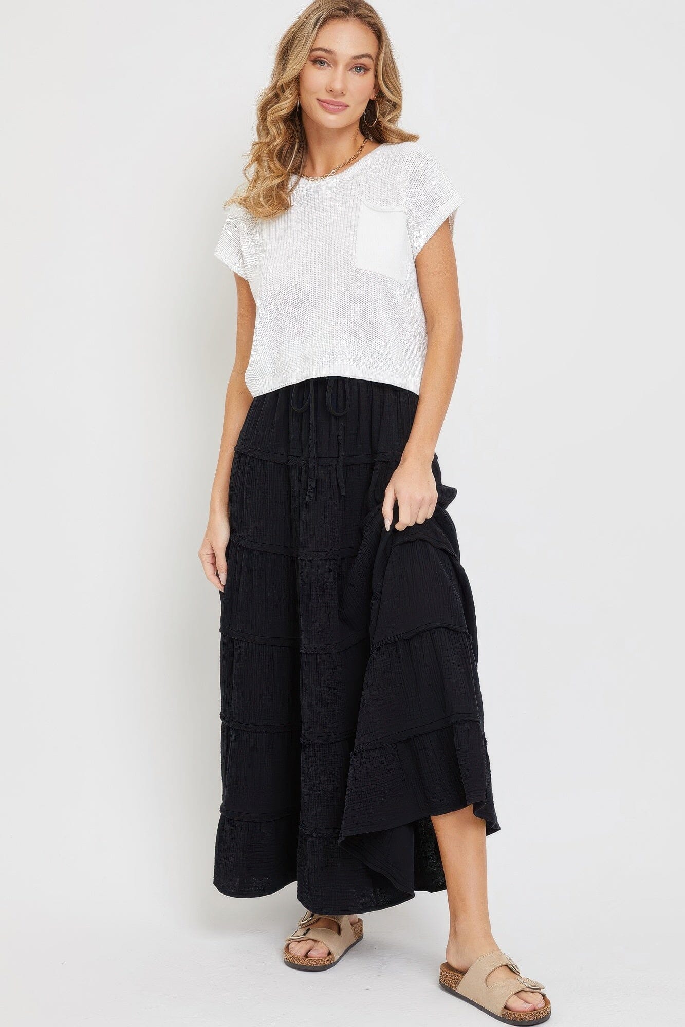 Women Cotton Gauze Tiered Maxi Skirt Skirts jehouze