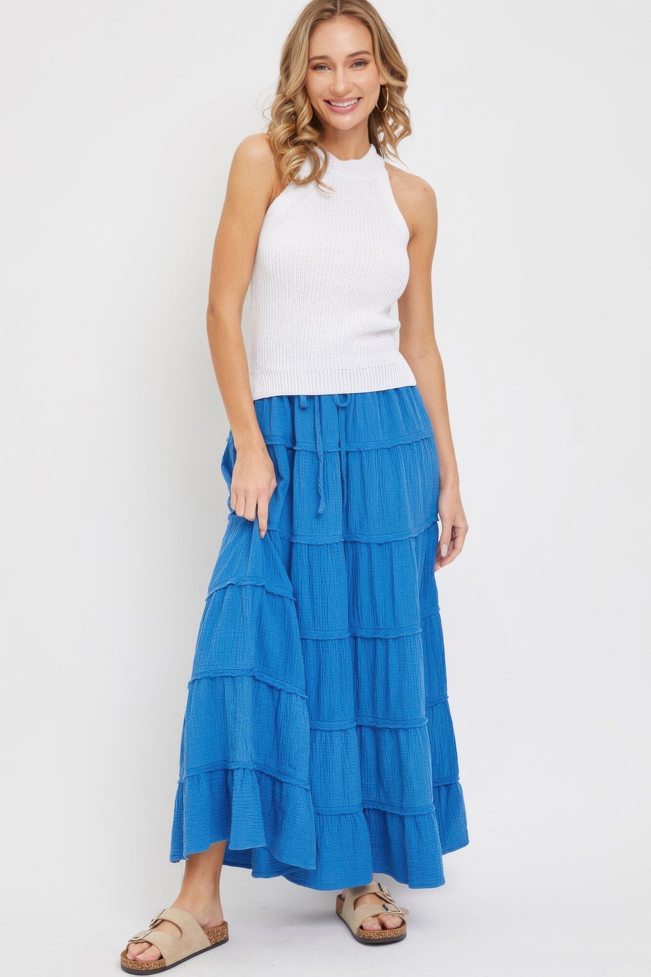 Women Cotton Gauze Tiered Maxi Skirt Skirts jehouze