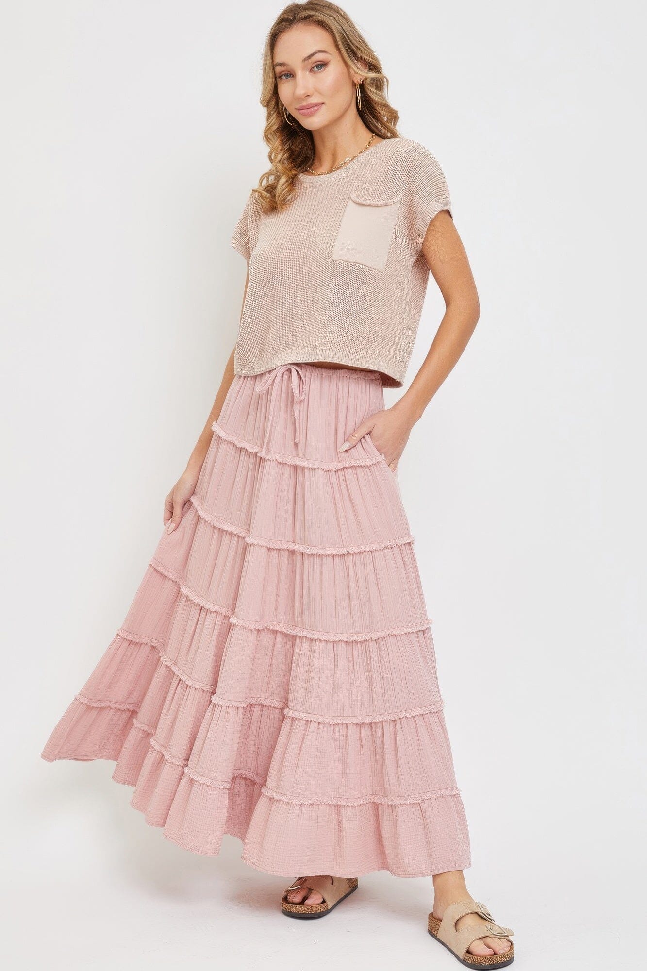 Women Cotton Gauze Tiered Maxi Skirt Skirts jehouze