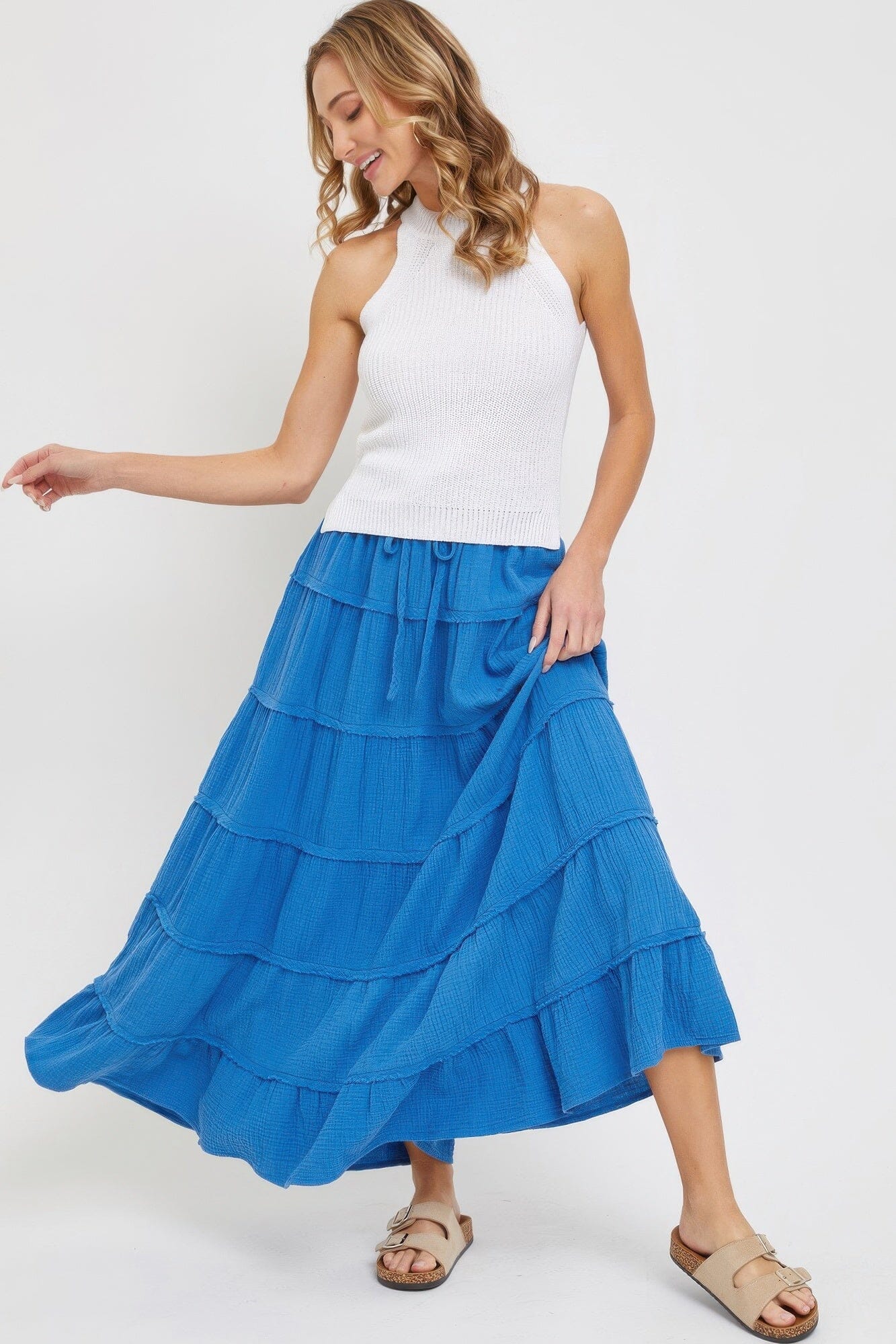 Women Cotton Gauze Tiered Maxi Skirt Skirts jehouze