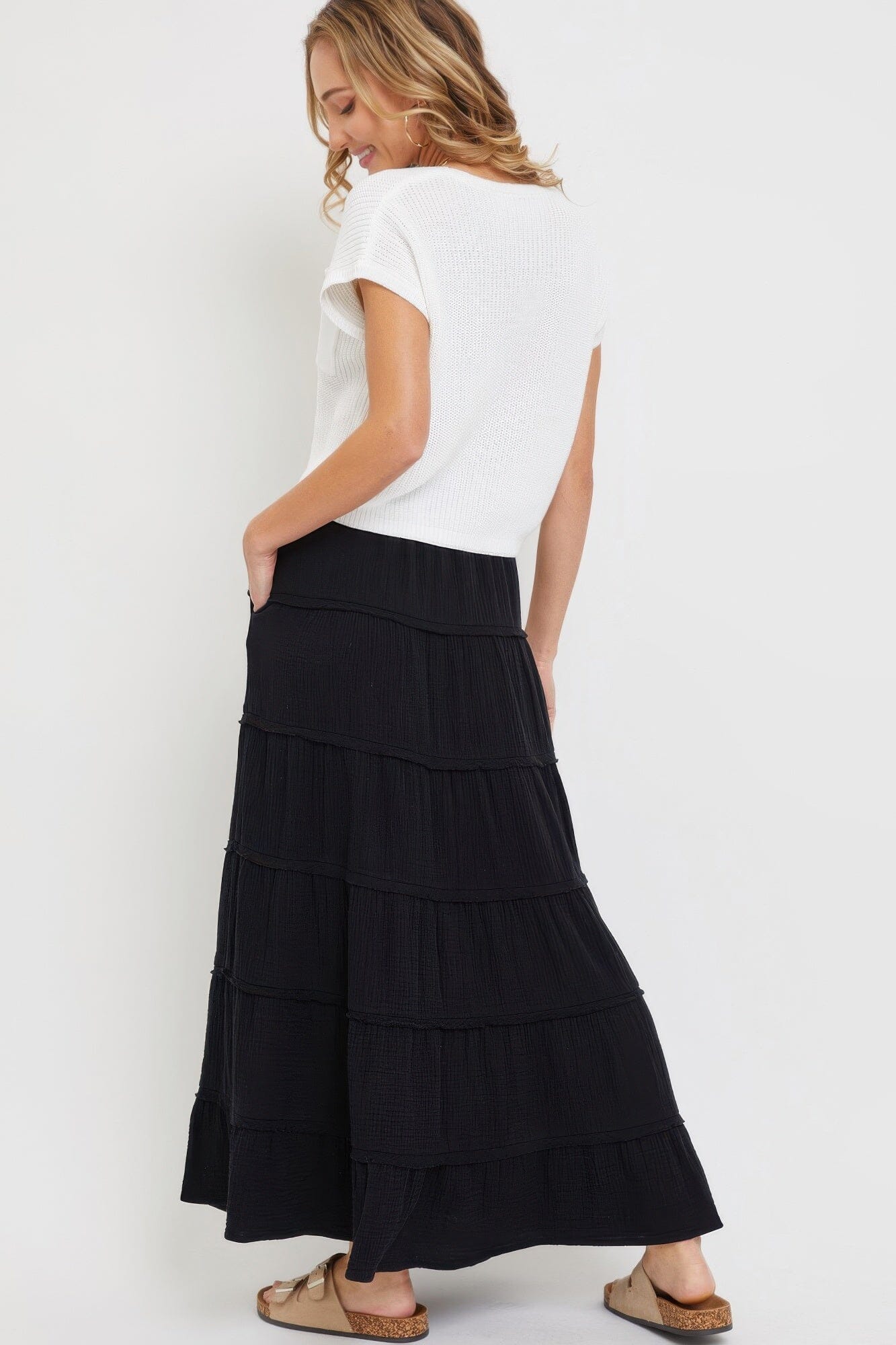 Women Cotton Gauze Tiered Maxi Skirt Skirts jehouze