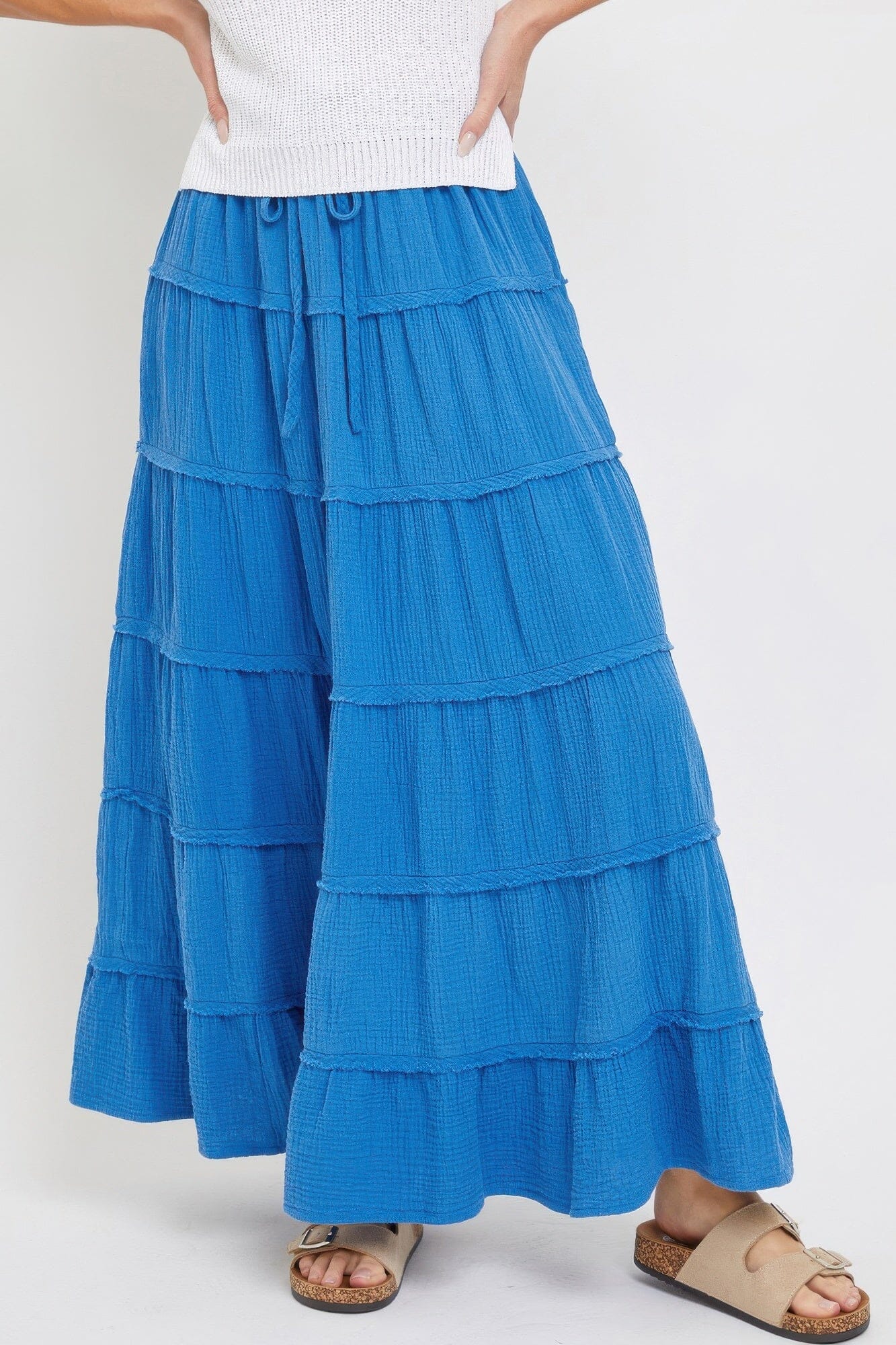 Women Cotton Gauze Tiered Maxi Skirt Skirts jehouze