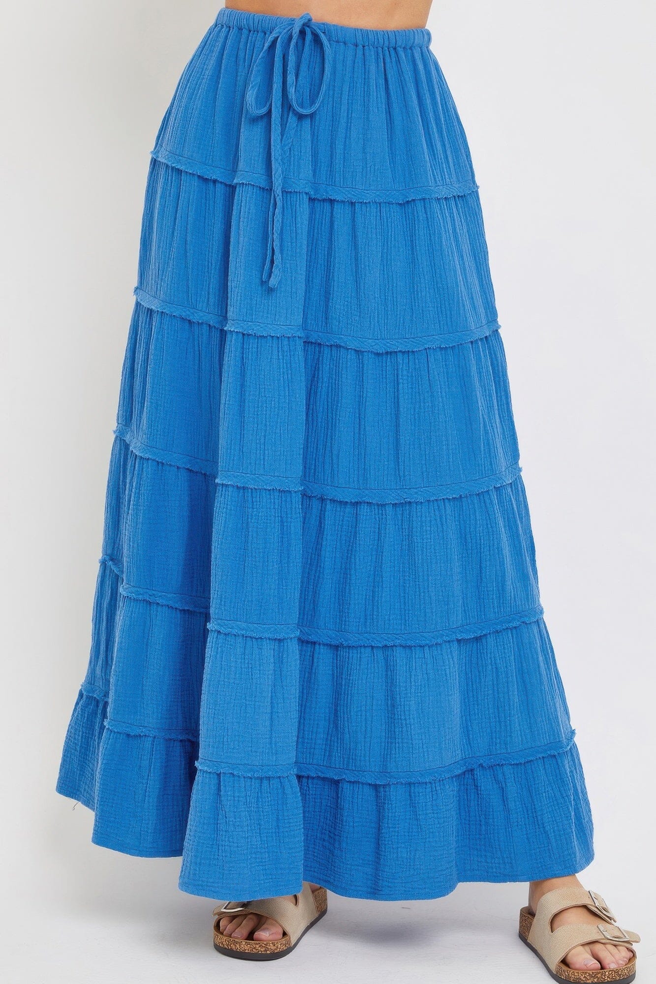 Women Cotton Gauze Tiered Maxi Skirt Skirts jehouze