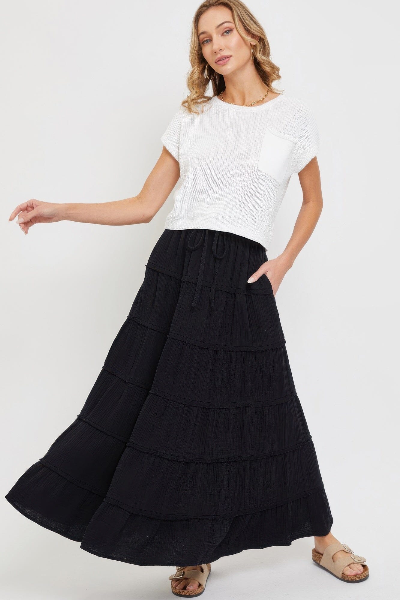 Women Cotton Gauze Tiered Maxi Skirt Skirts jehouze Black S