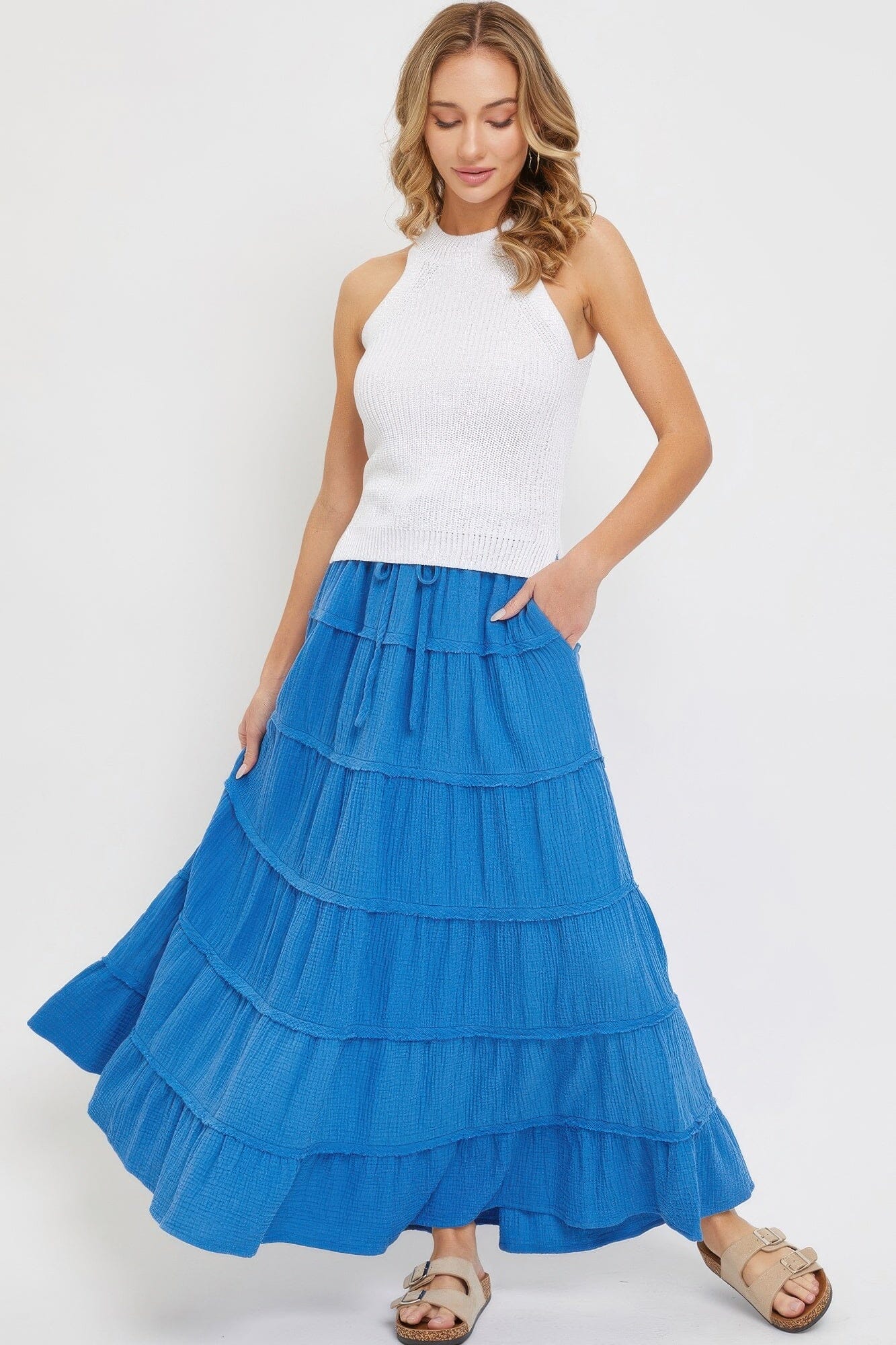 Women Cotton Gauze Tiered Maxi Skirt Skirts jehouze Blue S