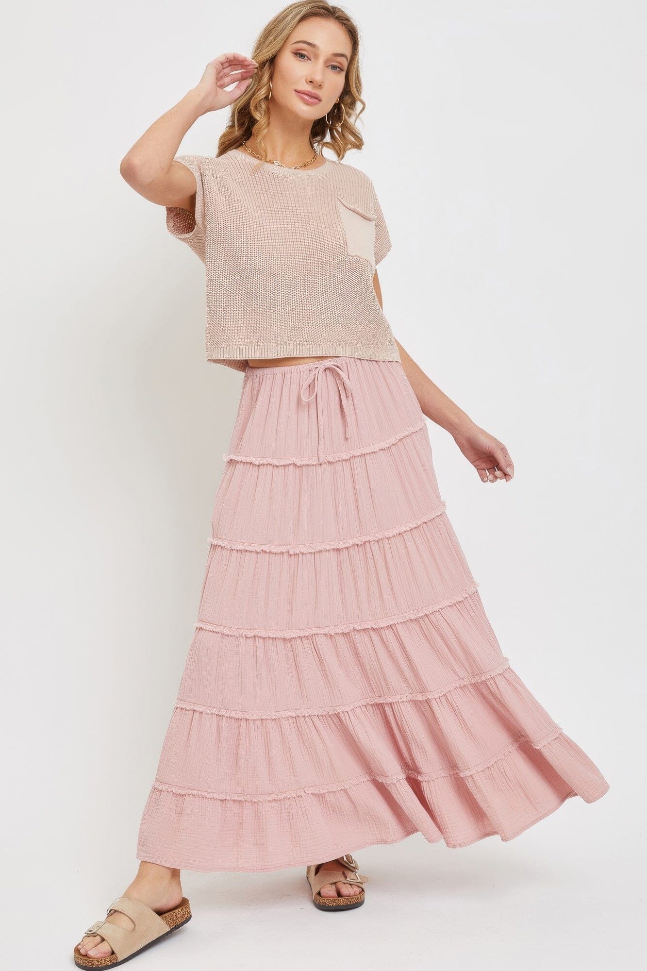 Women Cotton Gauze Tiered Maxi Skirt Skirts jehouze Pink S