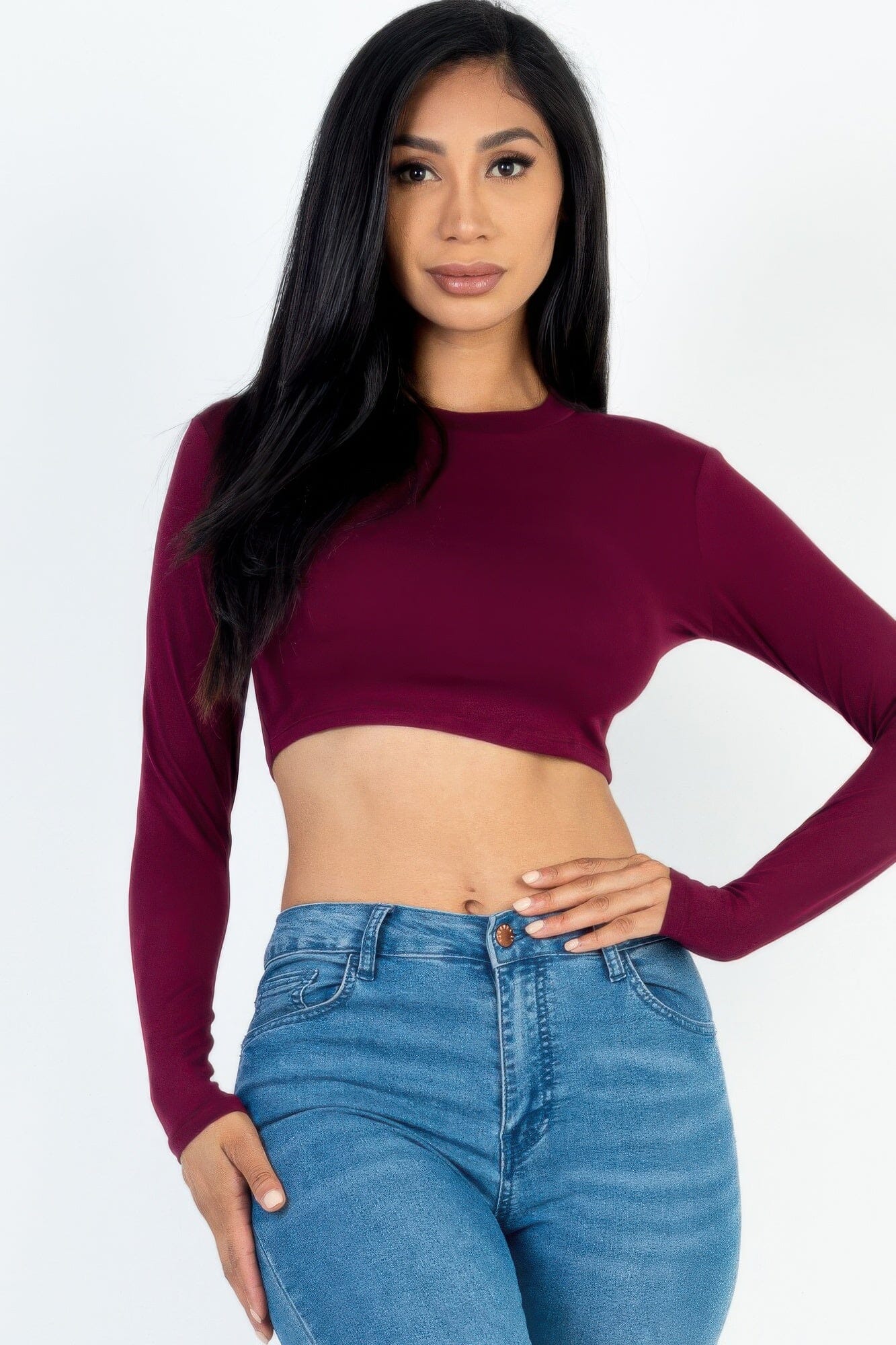 Women Crew Neck Long Sleeve Cropped Top Shirts & Tops jehouze Burgundy S