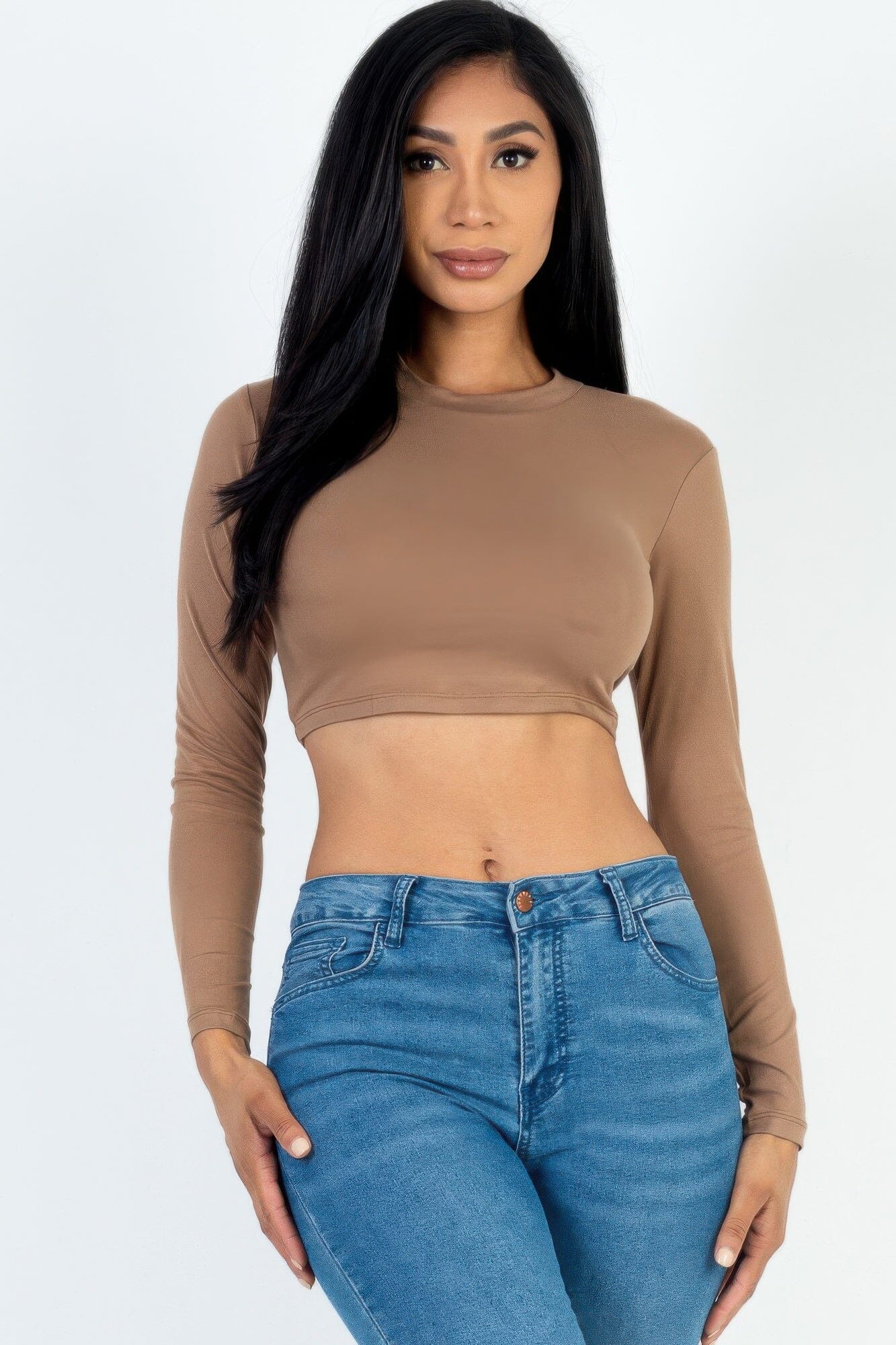 Women Crew Neck Long Sleeve Cropped Top Shirts & Tops jehouze Coca mocha S