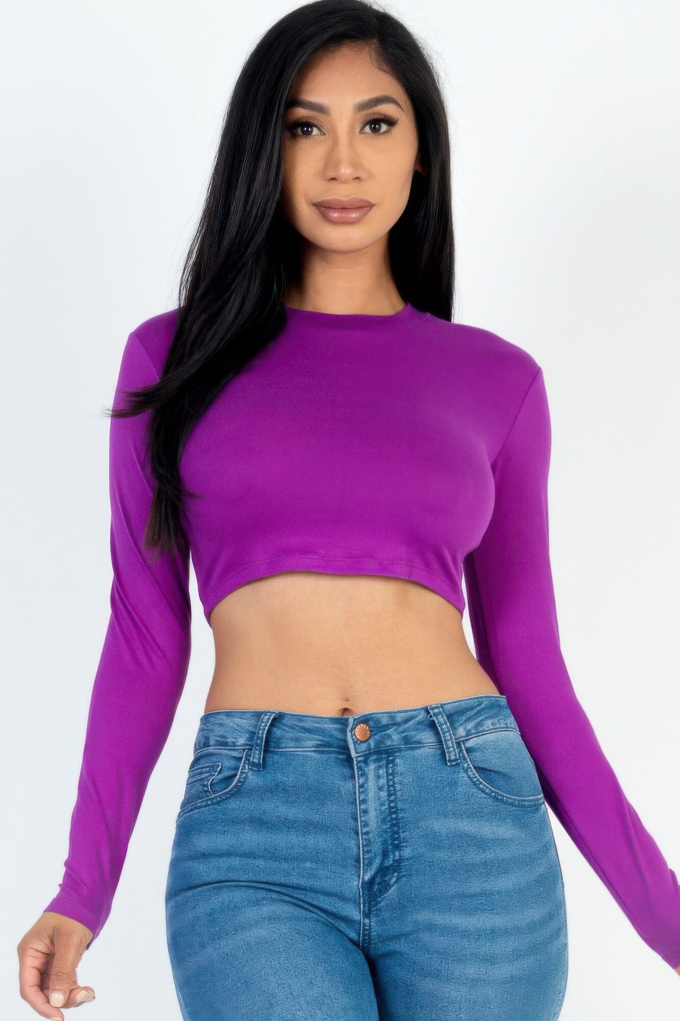 Women Crew Neck Long Sleeve Cropped Top Shirts & Tops jehouze Dahlia S