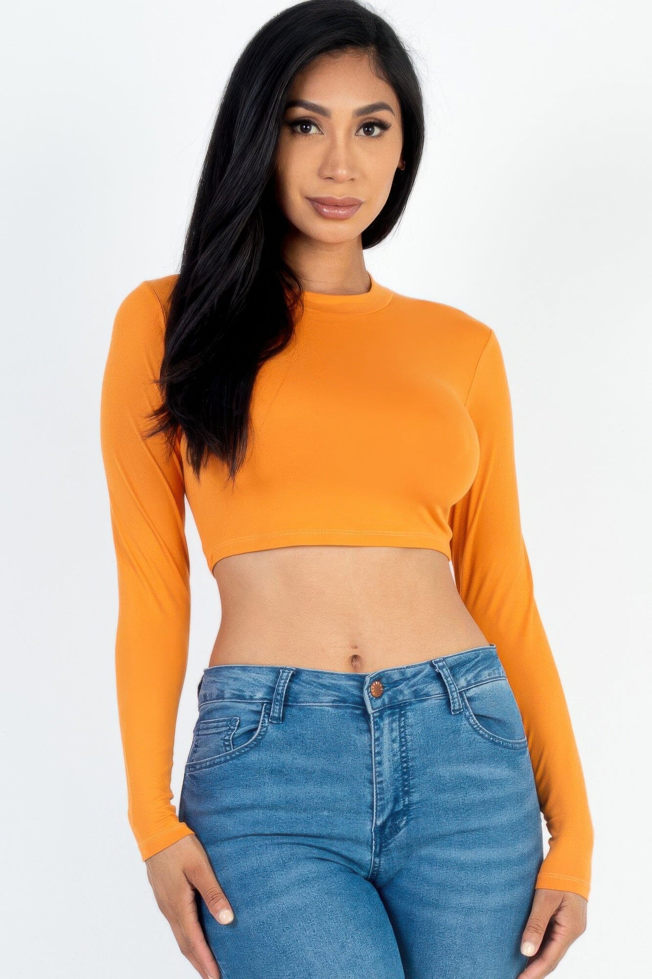 Women Crew Neck Long Sleeve Cropped Top Shirts & Tops jehouze Gold S