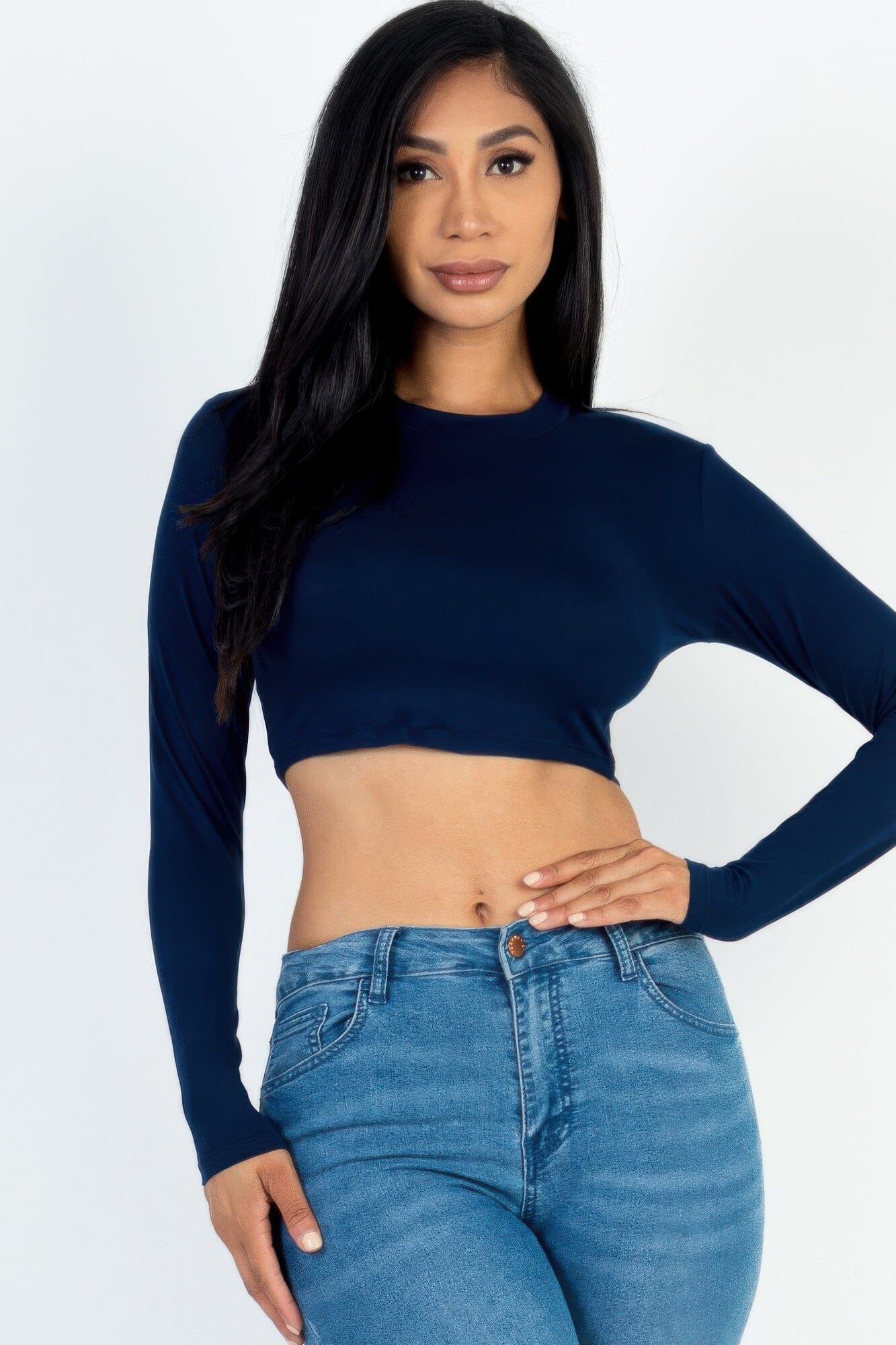 Women Crew Neck Long Sleeve Cropped Top Shirts & Tops jehouze Navy S