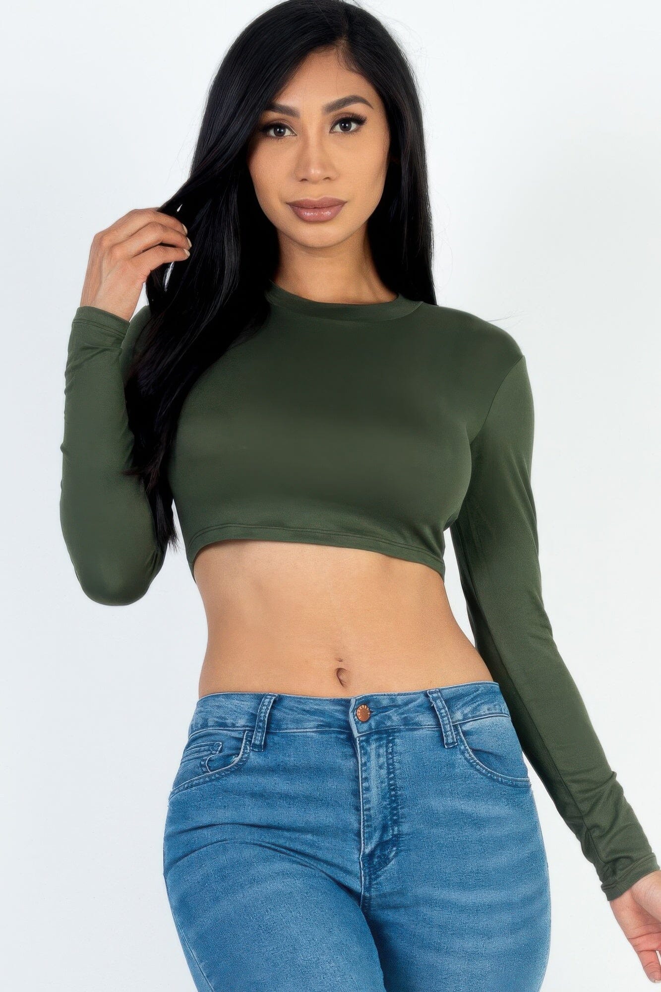 Women Crew Neck Long Sleeve Cropped Top Shirts & Tops jehouze Olive S