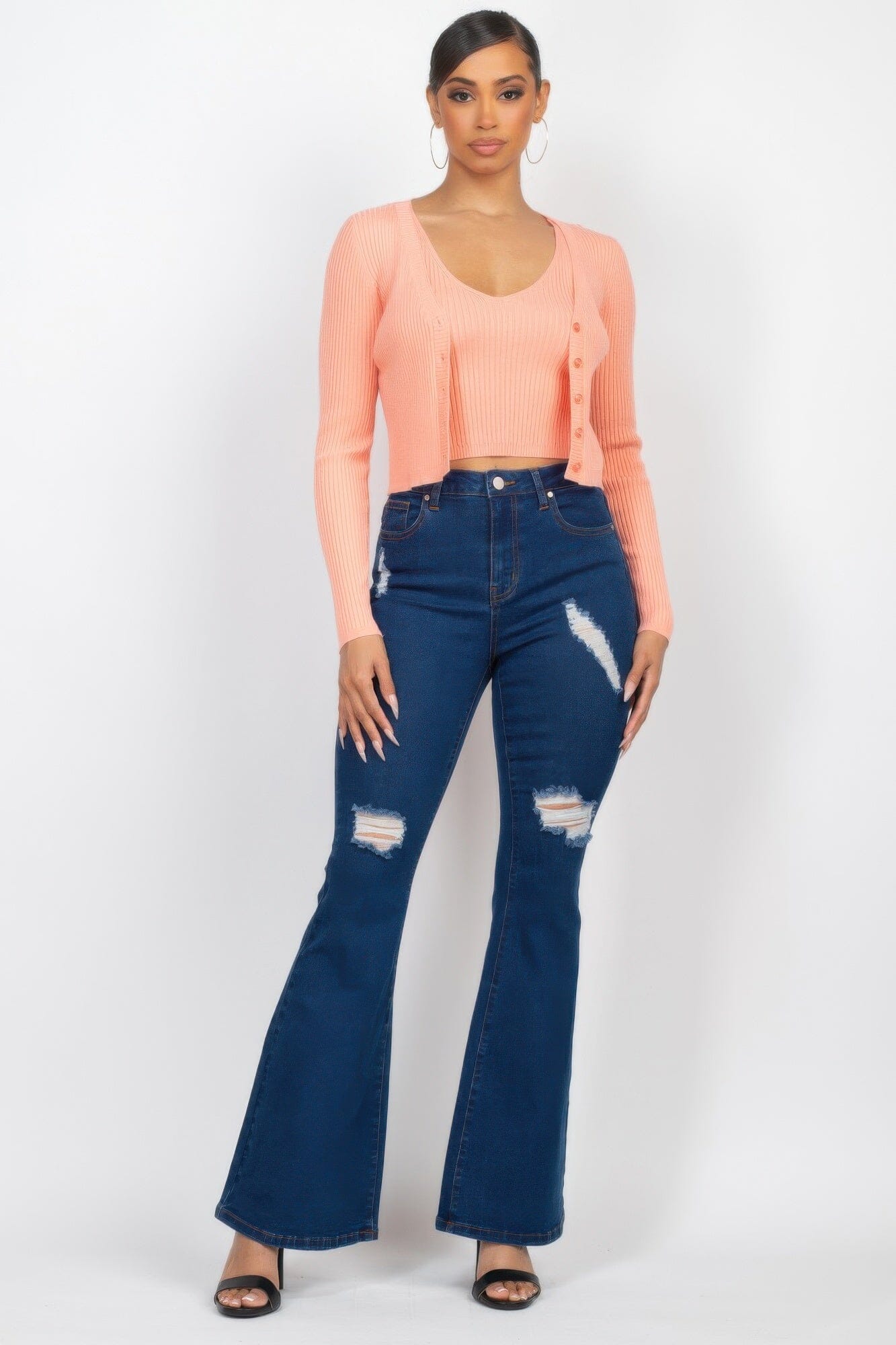 Women Crop Tank Top & Cardigan Sweater Set Shirts & Tops jehouze Peach S