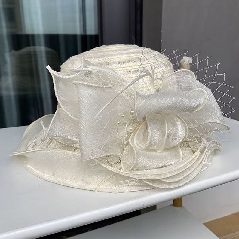 Women Derby Church Dress Hat Wide Brim Flower Bridal Shower Hat Hat jehouze Beige