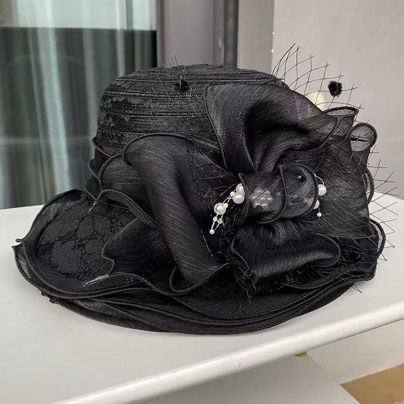 Women Derby Church Dress Hat Wide Brim Flower Bridal Shower Hat Hat jehouze Black