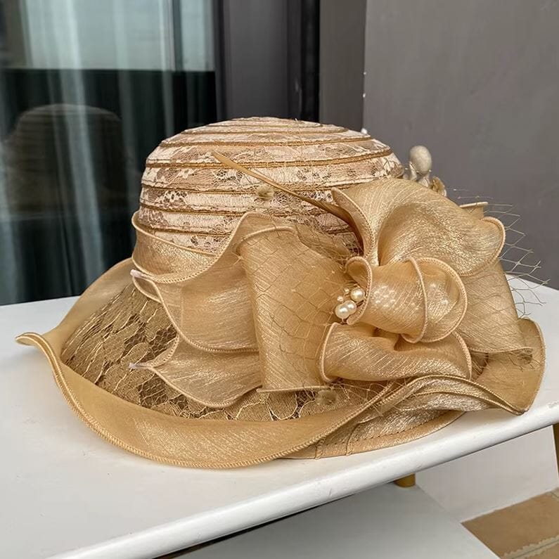 Women Derby Church Dress Hat Wide Brim Flower Bridal Shower Hat Hat jehouze Gold