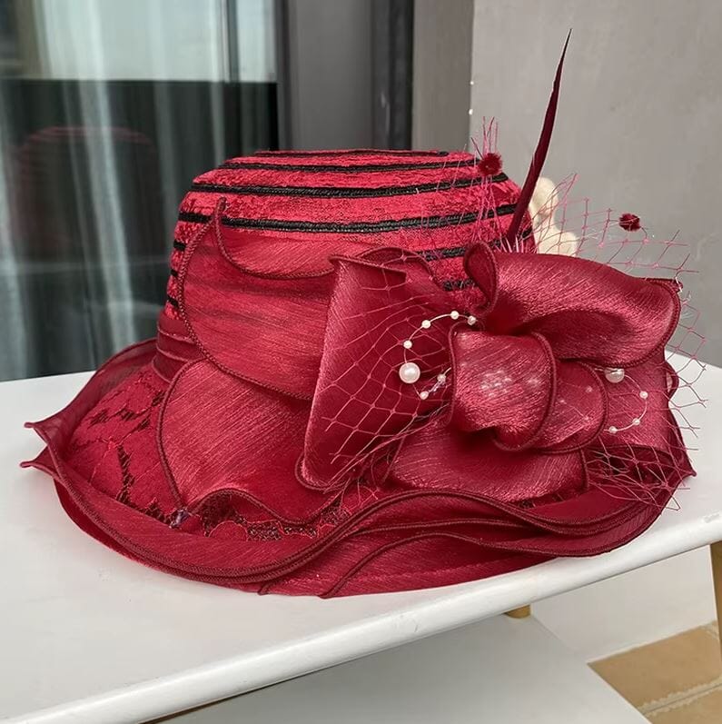 Women Derby Church Dress Hat Wide Brim Flower Bridal Shower Hat Hat jehouze Red