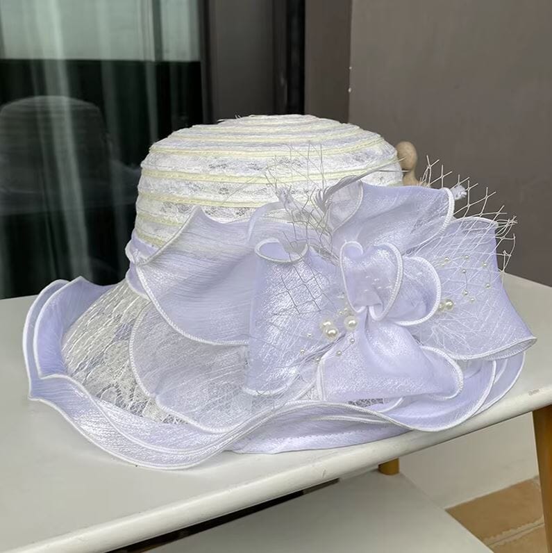 Women Derby Church Dress Hat Wide Brim Flower Bridal Shower Hat Hat jehouze White