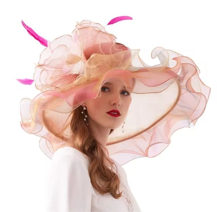 Women Derby Day Organza Large Brim Church Wedding Hat with Big Flower Hat jehouze Gold