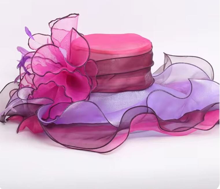 Women Derby Day Organza Large Brim Church Wedding Hat with Big Flower Hat jehouze Rose Pink