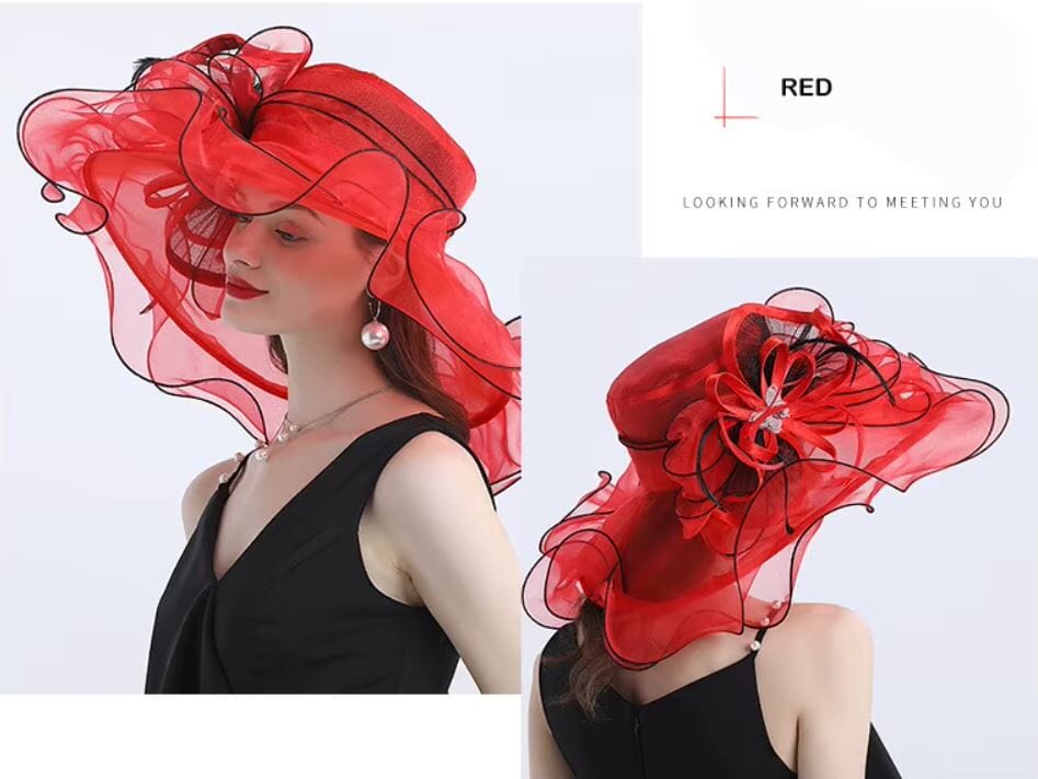 Women Derby Day Organza Large Wide Brim Church Wedding Hat with Big Flower Hat jehouze