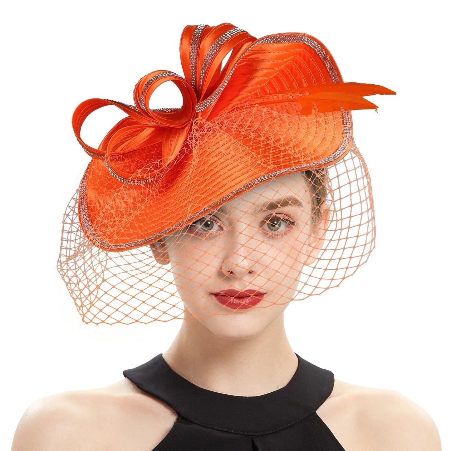 Women Diamond-studded Luxurious Banquet Wedding Dance Party Feather Headwear Fascinator Veil Hat Hat jehouze 1-orange