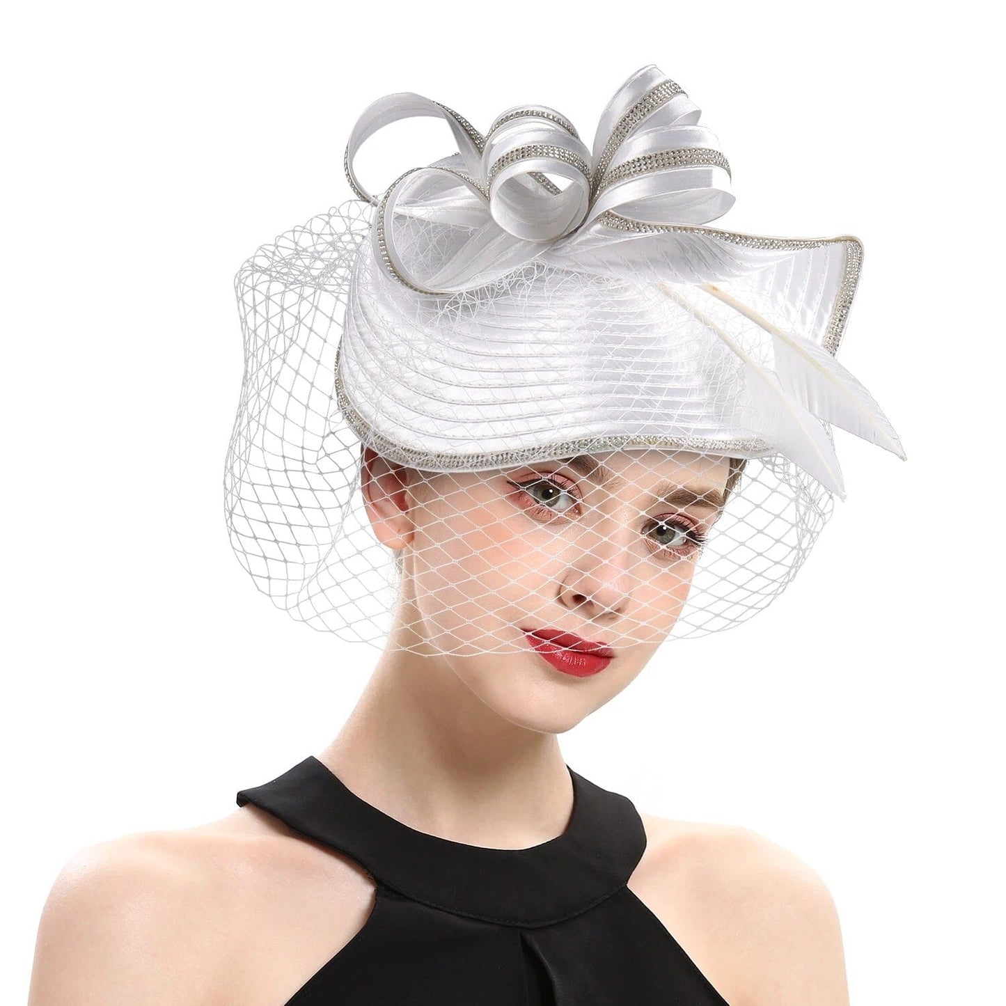 Women Diamond-studded Luxurious Banquet Wedding Dance Party Feather Headwear Fascinator Veil Hat Hat jehouze 2-white