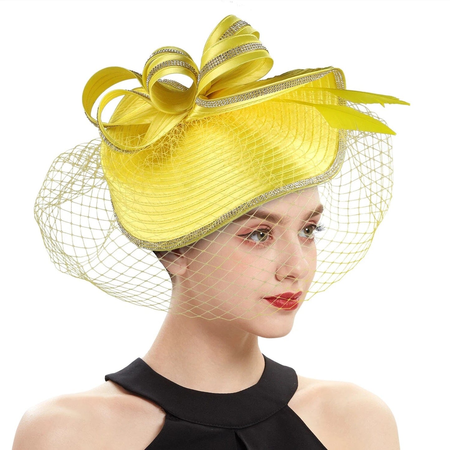 Women Diamond-studded Luxurious Banquet Wedding Dance Party Feather Headwear Fascinator Veil Hat Hat jehouze 3-yellow