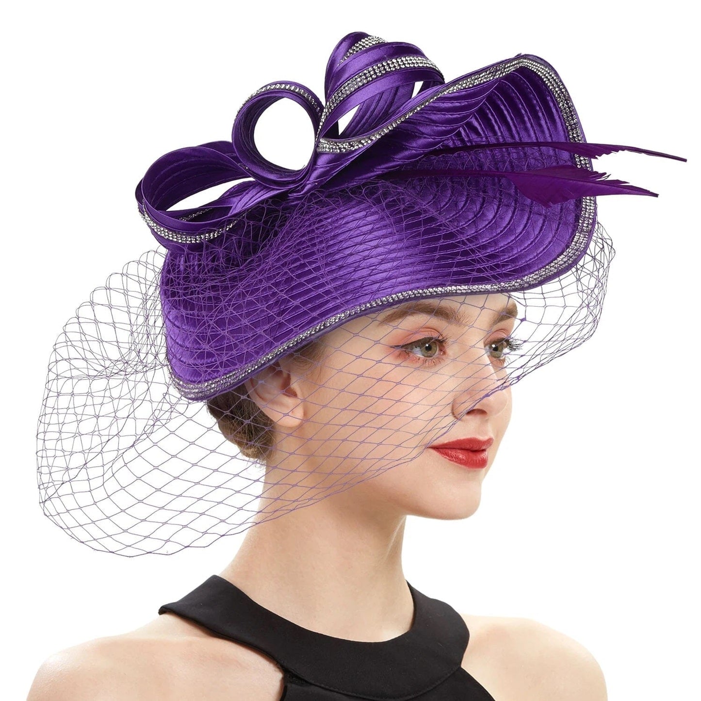 Women Diamond-studded Luxurious Banquet Wedding Dance Party Feather Headwear Fascinator Veil Hat Hat jehouze 4-purple
