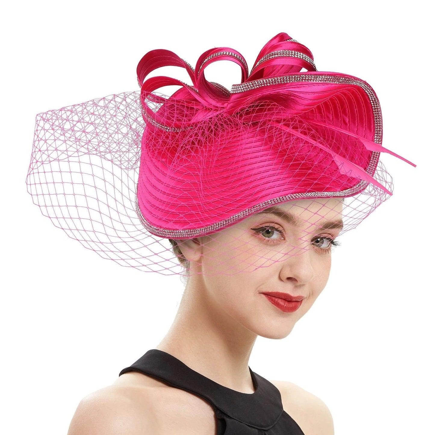 Women Diamond-studded Luxurious Banquet Wedding Dance Party Feather Headwear Fascinator Veil Hat Hat jehouze 5-hotpink