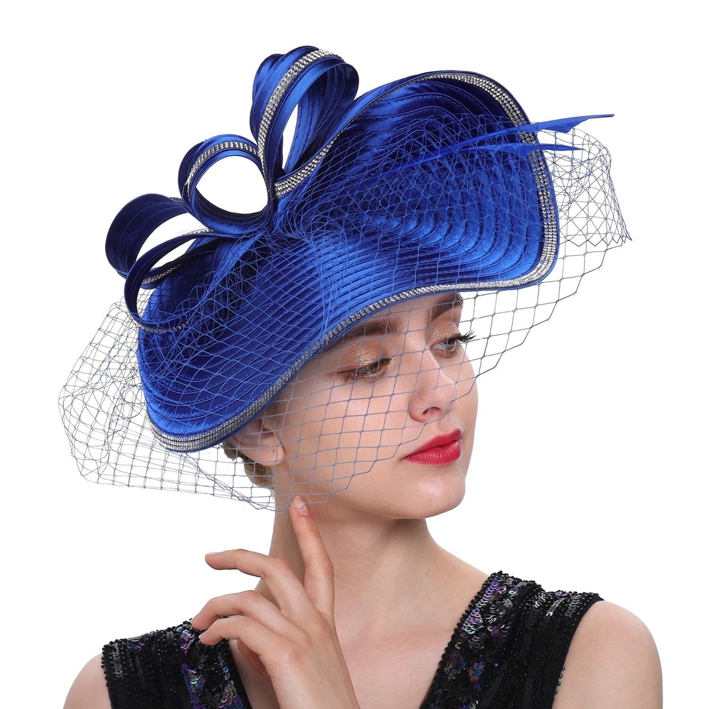 Women Diamond-studded Luxurious Banquet Wedding Dance Party Feather Headwear Fascinator Veil Hat Hat jehouze 6-royalblue