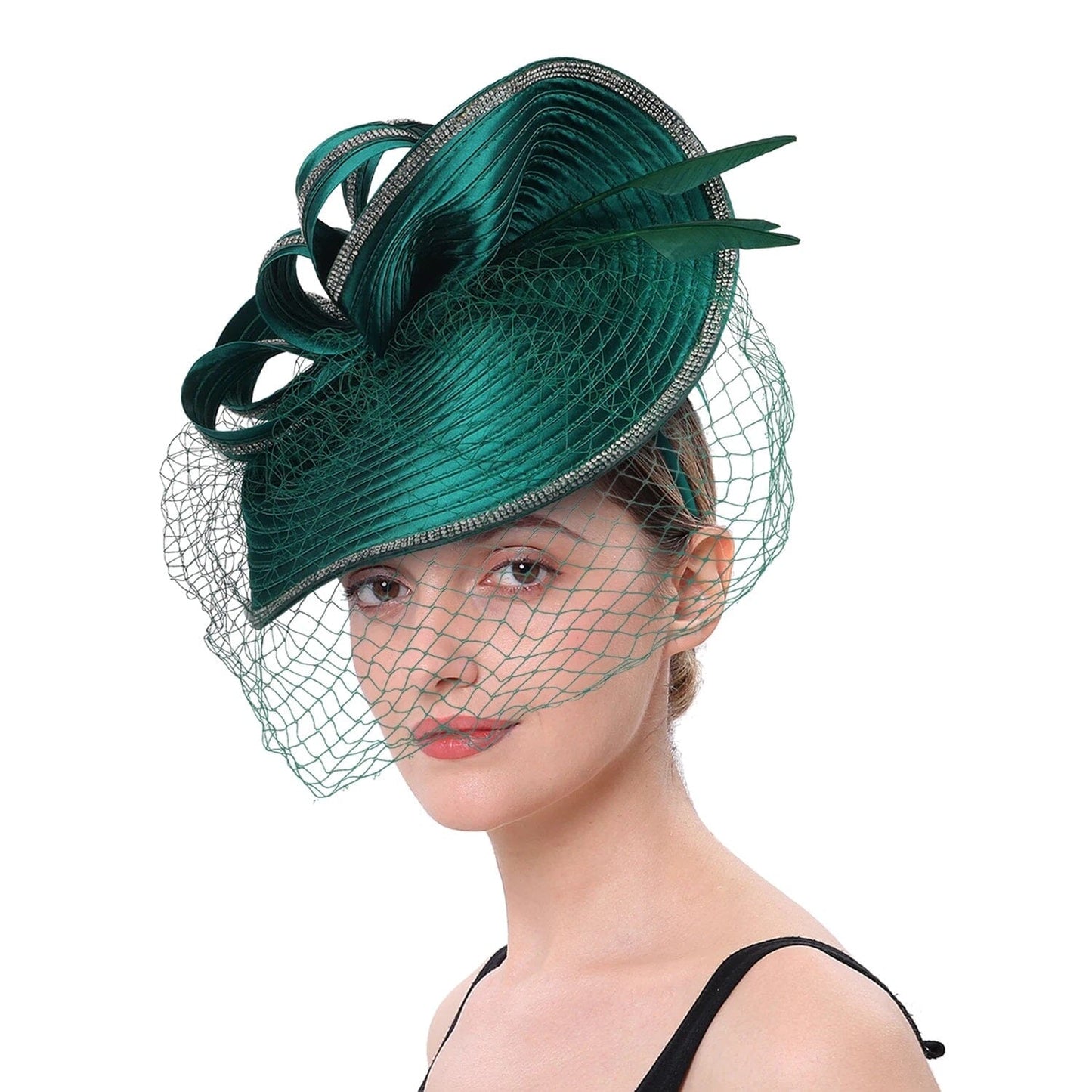 Women Diamond-studded Luxurious Banquet Wedding Dance Party Feather Headwear Fascinator Veil Hat Hat jehouze 7-green